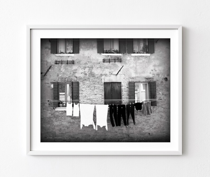 Laundry Room Wall Art, Venice Italy Print, Black and White Travel Photography, Laundry Clothes Line, White Laundry Print image 1