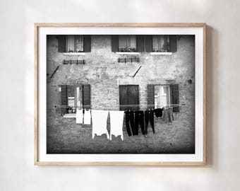 Laundry Room Wall Art, Black and White Italy Travel Photography, Clothes Line Print