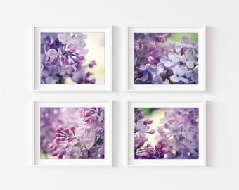 Flores lilas imprimen arte de pared floral conjunto de 4 grabados, fotografía de flores, impresiones de arte de pared púrpura, cuatro grabados, arte floral de la pared del dormitorio