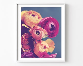 Flower Photography - Ranunculus Flowers, Botanical Print, Orange Pink, Dark Floral Wall Art, Bedroom Wall Decor, 8x10 11x14 Print