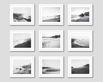 Black and White Beach Photography Set of Nine Prints, Print Set, Gallery Wall, Ocean Photography, 5x7 8x10 Coastal Wall Art