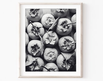 Persimmon Fruit Print Food Photography Farmhouse Kitchen Wall Art, Black and White Photography, 5x7 8x10 11x14, Fruit Still Life Print