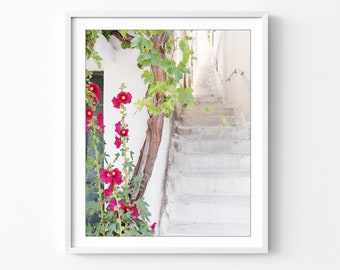 Greece Photography - Hollyhock Flowers, Stairway Print, Travel Photography, Greece Wall Art, 8x10 16x20 Print