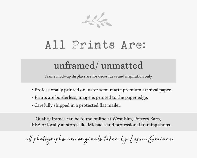May include: A white informational graphic with grey text stating: All Prints Are: unframed/ unmatted. Frame mock-up displays are for decor ideas and inspiration only. Professionally printed on lustre semi matte premium archival paper. Prints are borderless, image is printed to the paper edge. All photographs are originals taken by Lupen Grainne.