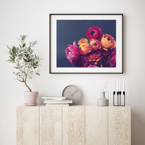 Flower Still Life Photography Dark Floral Wall Art, Pink Orange Gray, Ranunculus Flowers, 8x10 24x36 Print, Romantic Bedroom Wall Art image 2