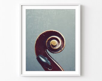 Violin Scroll Photograph, Fiddle Art Print, Music Room Wall Art, Fine Art Photography, Antique Violin, Gray Brown Wall Art