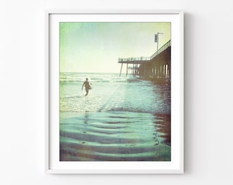 Surfer Print - California Coastal Wall Art, Pismo Beach Pier, Vintage Style, Beach Photography, 8x10 16x20, Ocean Print