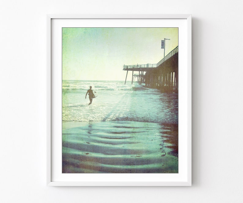 Surfer Print Beach Photography, Coastal Wall Art, Pismo Beach Print, Vintage Style, 8x10 16x20, Ocean Photography Print image 1