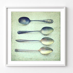 Vintage Spoons Print Kitchen Wall Art, Mint Green, Country Farmhouse Kitchen, Dining Room Wall Art, 5x5 8x8, Silverware Utensils Art Print image 1