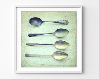 Vintage Spoons Print Kitchen Wall Art, Mint Green, Country Farmhouse Kitchen, Dining Room Wall Art, 5x5 8x8, Silverware Utensils Art Print