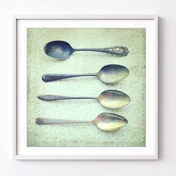 Vintage Spoons Print Kitchen Wall Art, Mint Green, Country Farmhouse Kitchen, Dining Room Wall Art, 5x5 8x8, Silverware Utensils Art Print
