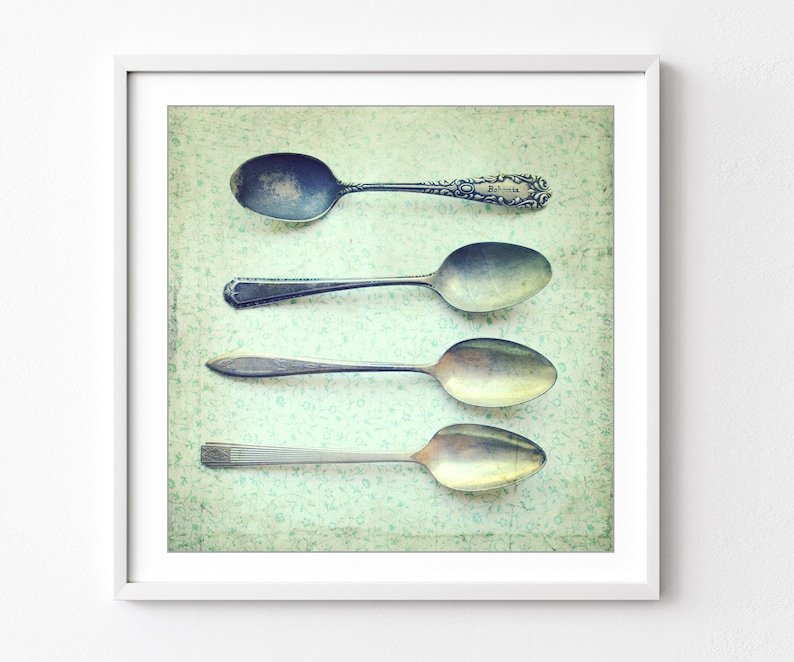 Vintage Spoons Print Kitchen Wall Art, Mint Green, Country Farmhouse Kitchen, Dining Room Wall Art, 5x5 8x8, Silverware Utensils Art Print image 1