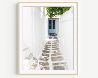 Greece Photography - Aqua Blue Door Print, Travel Photography, Cobblestone Street, Greece Blue White Wall Art, 8x10 16x20 Print