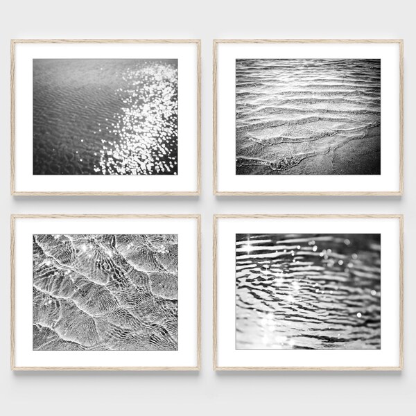 Ocean Prints Black and White Photography Set of 4 Prints, Water Ripples, Gray, Bathroom Wall Art, 8x8 8x10 11x14, Ocean Gallery Wall Set