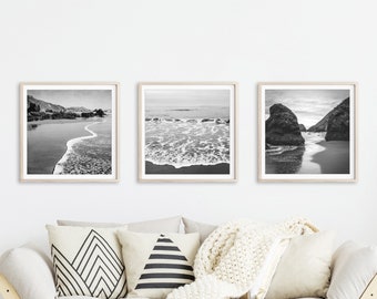 SALE Black and White Beach Photography Prints, Set of 3 Prints, Nature Photography, Gallery Wall, 8x8 12x12 Prints, Ocean Photography Prints