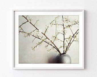 Flower Still Life Photograph, White Plum Blossoms, Zen Style, Silver Gray Wall Art, Gray Kitchen Decor, 8x10 16x20, Dining Room Wall Art