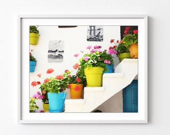 Greece, Travel Photography, Potted Plants Print, Colorful Wall Art, Greece Photography Print 8x10 11x14 Print