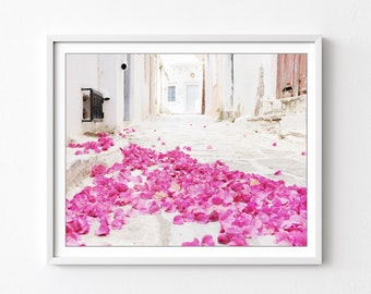 Greece Photograph, Bougainvillea Flowers, Abstract Pink White Wall Art, Greece Street, 8x10 11x14, Travel Photography Print