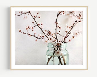 Plum Blossoms Print - Flower Still Life Photography, Rustic Kitchen Decor, Floral Wall Art, Pale Pink Spring Flowers Print, 8x10 16x20 Print