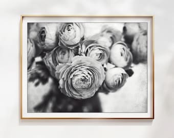 Flower Photography - Black and White, Still Life Print, Ranunculus Flowers, Gray Floral Wall Art, Antique Style, Bouquet, Botanical Print