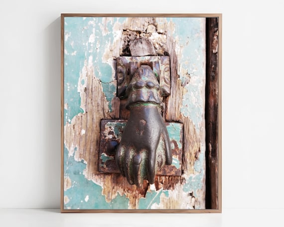 Victorian Hand Knocker Print - Lisbon Portugal Door Print, Travel Photography, Whimsical Entryway Art, Aqua Blue Doorway Print, Wall Art