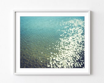 River Photograph, Sunlight on Water, Nature Photography, Beach Decor, Water Ripples, Bokeh, Teal Blue, Ethereal Wall Art