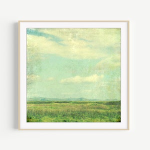 Summer Meadow Landscape Photography Retro Style Pastel Blue Green Vintage Inspired Rustic Farmhouse Living Room Art Square Wall Art Print image 1