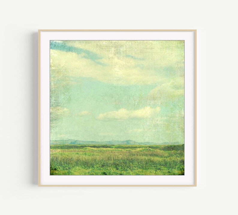 Summer Meadow Landscape Photography Retro Style Pastel Blue Green Vintage Inspired Rustic Farmhouse Living Room Art Square Wall Art Print image 1