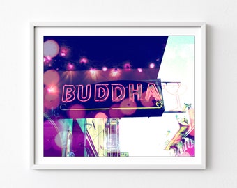 Buddha Neon Sign Print, Urban Home Decor, Indigo Cobalt Blue Wall Art, Contemporary Decor, City Photograph, 8x10 11x14 Print