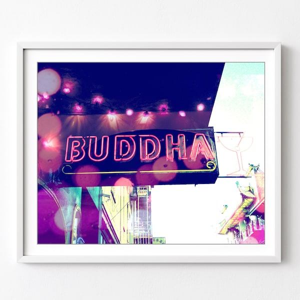 Buddha Bar - Neon Sign Photograph Indigo Cobalt Blue Neon Pink City Urban Poster Sparkly Lights Whimsical Wall Art