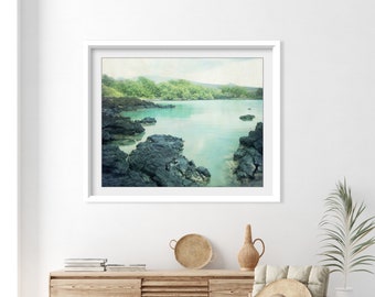 Beach Ocean Photography Print, Black Lava Maui Hawaii Landscape Aqua Green Blue Water 8x10 16x20 Print Ocean Wall Art