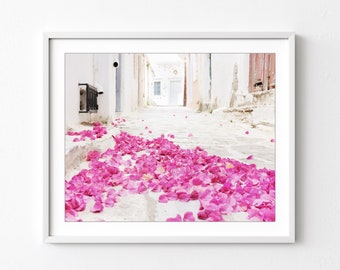 Greece Photograph, Bougainvillea Flowers, Abstract Pink White Wall Art, Greece Street, 8x10 11x14, Travel Photography Print