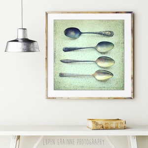 Vintage Spoons Print Kitchen Wall Art, Mint Green, Country Farmhouse Kitchen, Dining Room Wall Art, 5x5 8x8, Silverware Utensils Art Print image 2