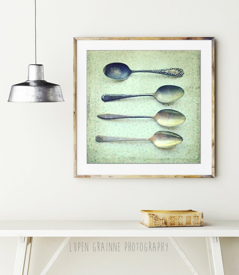 Vintage Spoons Print Kitchen Wall Art, Mint Green, Country Farmhouse Kitchen, Dining Room Wall Art, 5x5 8x8, Silverware Utensils Art Print image 2