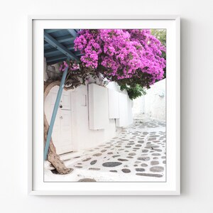 Greece, Cobblestone Street, Pink Flowers, Greece Wall Art, Travel Photography Print, Office Wall Art, 8x10 16x20 Print