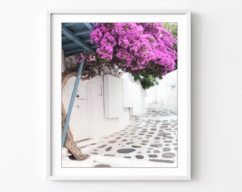 Greece, Cobblestone Street, Pink Flowers, Greece Wall Art, Travel Photography Print, Office Wall Art, 8x10 16x20 Print