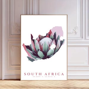 Südafrika Blumenkarte Digitaldruck | Rosa botanische Kunst | Sofortdownload | 11x14 | Wanddekoration | Reisegeschenk | Moderne Landkarte Poster