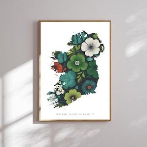 Floral Irland Karte drucken, botanische Wand irische Kunst, Irland digitaler Download, irische Wohnkultur, moderne Reise Geschenk, Karte Art druckbare