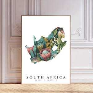 Mapa de Sudáfrica con protea floral (diseño floral) / Póster imprimible digital / Decoración de pared botánica / Regalo de viaje / Ilustración de protea