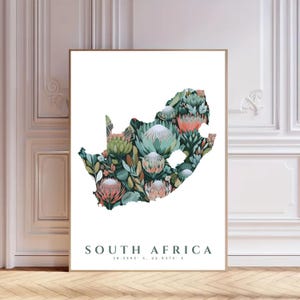 Mapa da África do Sul com Protea Floral King | Cartaz para download digital | Decoração de parede botânica | Presente de viagem | Ilustração de Protea