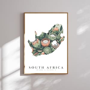 Floral King Protea Südafrika Map Art | Digitaler Download druckbares Poster | Botanische Wanddekoration | Reisegeschenk | Protea Illustration