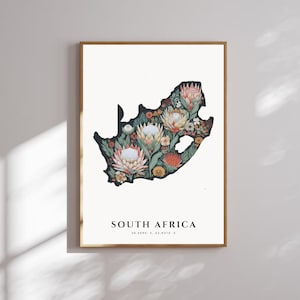 Floral Südafrika Karte Kunst | Digitaler Download druckbares Poster | Botanische Wanddekoration | Reisegeschenk |King Protea Art| Protea Illustration