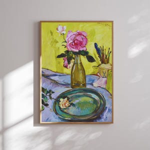 Martwa natura z różami niebieska miska wydruk cyfrowy | Irma Stern Art| Wydrukowana afrykańska sztuka ścienna| Wydrukowana sztuka kwiatowa| Pobieranie cyfrowe
