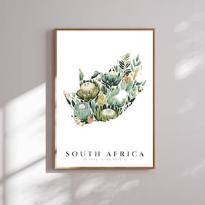 Mapa de Sudáfrica con protea floral (diseño floral) / Póster imprimible digital / Decoración de pared botánica / Regalo de viaje / Ilustración de protea