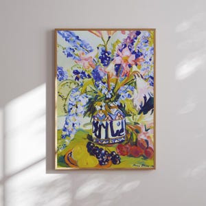 Martwa natura z owocami i kwiatami Wydruk | Sztuka Irmy Stern | Wydrukowana afrykańska sztuka ścienna | Dzieło sztuki kwiatowej | Plakat z RPA | Pobieranie cyfrowe