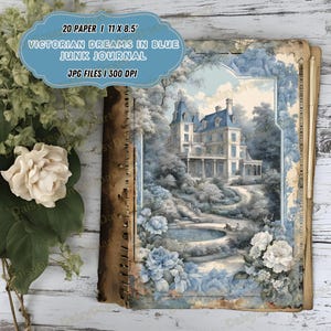 Carnet de notes Victorian Dreams en bleu | Pages de journal en toile bleue vintage | Numérique victorien | Papier pour scrapbooking toile bleu | 20 fichiers JPG