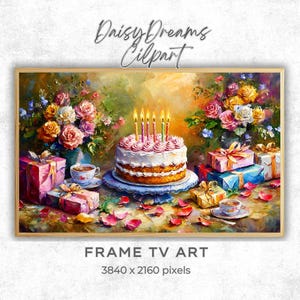 May include: A white and pink birthday cake with lit candles sits on a blue and white cake stand surrounded by colorful flowers, presents, and teacups. The cake is decorated with pink frosting and white sprinkles. The background is a soft, pastel color.
