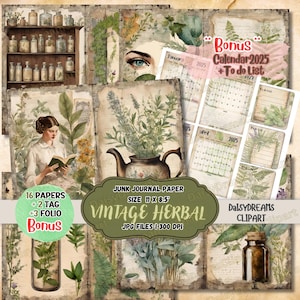Kit de diário de ervas vintage | Kit de diário floral botânico | Diário de ervas para impressão | Cartões de calendário 2025 | Scrapbooking para impressão