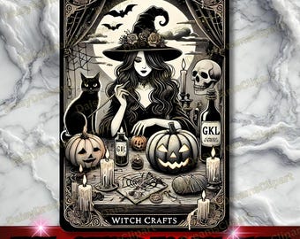 Witch Tarot Card PNG: Black Cat Halloween Design (Digital Download)