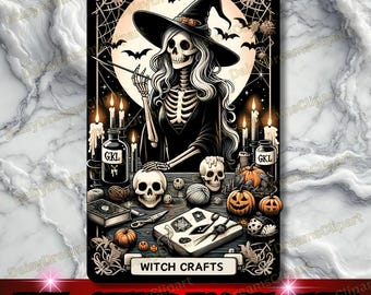 Witch Skeleton Tarot Card PNG: Spooky Witchcraft Design (Digital Download)